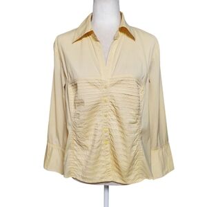 Tracy M Pleated Blouse Womens Size Large Yellow 3/4 Sleeve Button Front Top